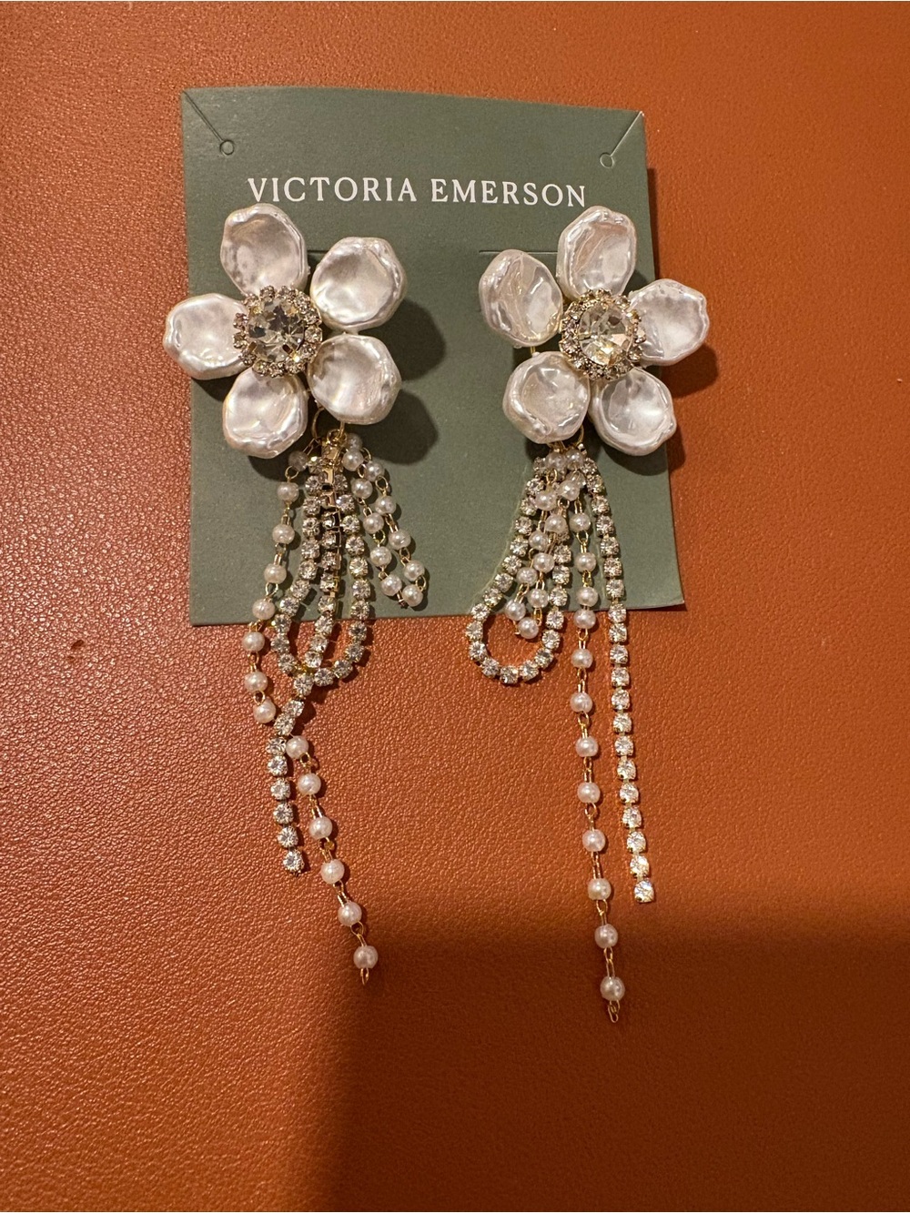 Victoria Emerson SADIE White Pearl Flower Tassel Earrings